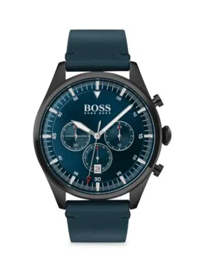 Shop Hugo Boss Pioneer Leather-strap Chronograph Watch In Navy