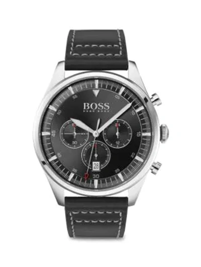 Shop Hugo Boss Pioneer Stainless Steel & Leather-strap Chronograph Watch In Black Silver