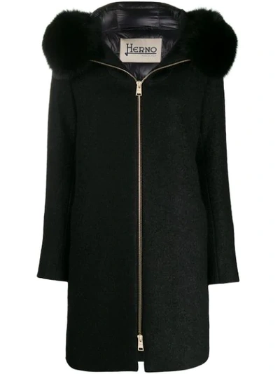 Shop Herno Hooded Felt Coat In Black