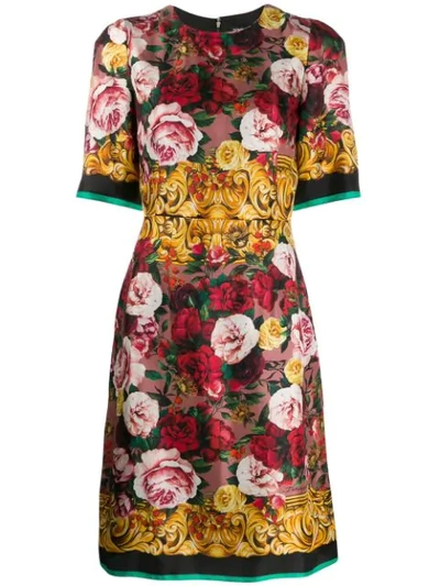 Shop Dolce & Gabbana Rose Print Midi Dress In Pink ,red