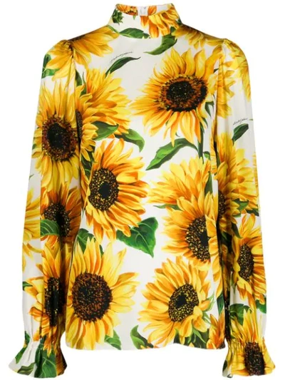 Shop Dolce & Gabbana Sunflower Print High Neck Blouse In White