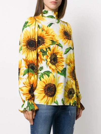 Shop Dolce & Gabbana Sunflower Print High Neck Blouse In White