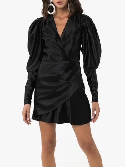 Shop Rotate Birger Christensen Puff-sleeve V-neck Mini Dress In Black