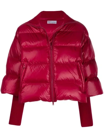 Shop Red Valentino Red(v) Knitted Sleeves Zipped Puffer Jacket