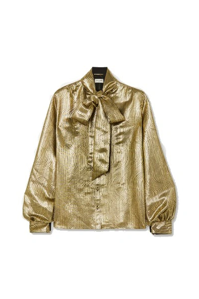 Shop Saint Laurent Pussy-bow Silk-blend Lamé Blouse In Neutrals