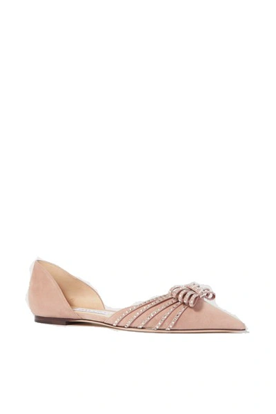 Shop Jimmy Choo Kaitence Crystal-embellished Suede Point-toe Flats In Pink