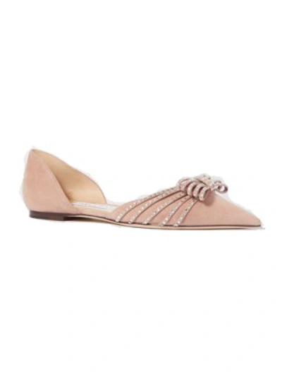 Shop Jimmy Choo Kaitence Crystal-embellished Suede Point-toe Flats In Pink