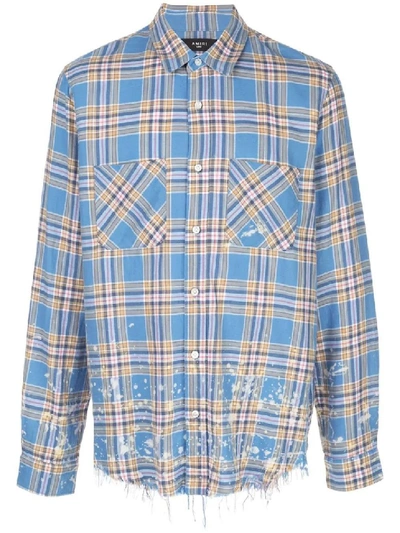 Shop Amiri Blue Men's Splatter Plaid Shirt In Grey