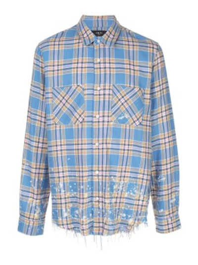 Shop Amiri Blue Men's Splatter Plaid Shirt In Grey