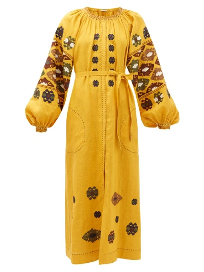 Shop Vita Kin Bodrum Embroidered-linen Dress In Gold