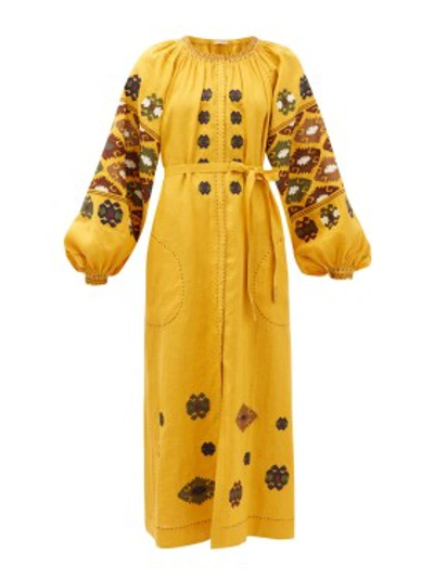 Shop Vita Kin Bodrum Embroidered-linen Dress In Gold