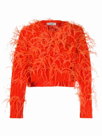 Shop Valentino Feathered Crop Sweater In Red