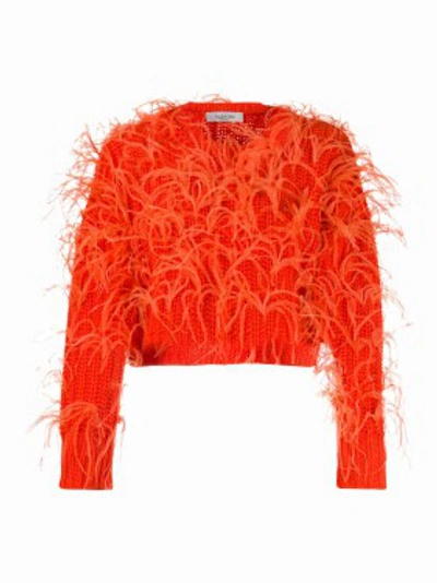 Shop Valentino Feathered Crop Sweater In Red