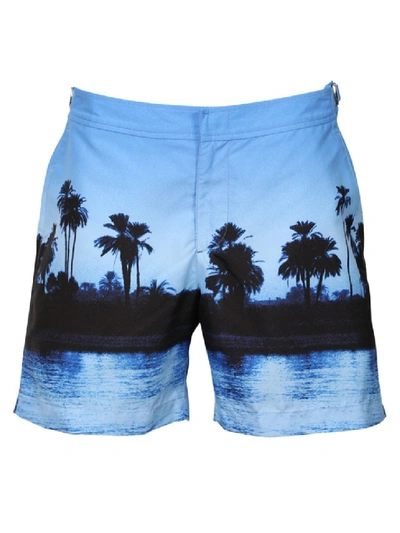 Shop Orlebar Brown Palm Trees Print Swim Shorts In Blue