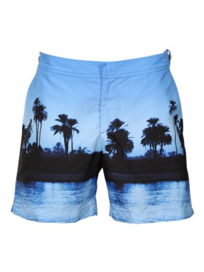Shop Orlebar Brown Palm Trees Print Swim Shorts In Blue