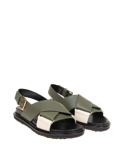 Shop Marni Fussbett Sandal In Leather Color Olive Green In Grey