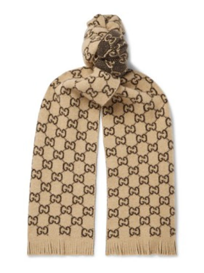 Shop Gucci Fringed Logo-jacquard Wool Scarf In Brown