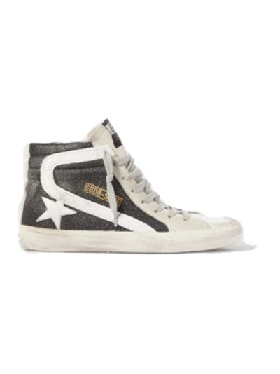 Shop Golden Goose Slide Glittered Distressed Suede High-top Sneakers In White