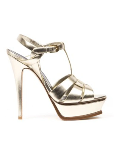 Shop Saint Laurent Tribute Platinum Metallic Leather Sandals In Neutrals