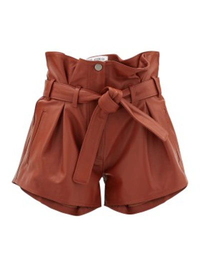 Shop Attico Pleated High-rise Leather Shorts In Brown