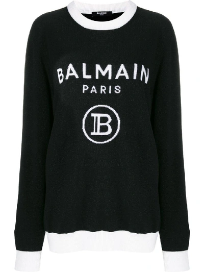 Shop Balmain Black And White Intarsia Logo Sweater