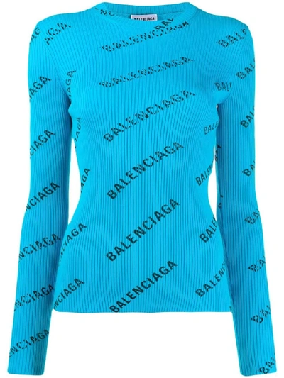Shop Balenciaga Turquoise Logo Print Long Sleeve In Blue