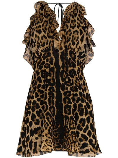 Shop Saint Laurent Silk Leopard Print Mini Dress In Black