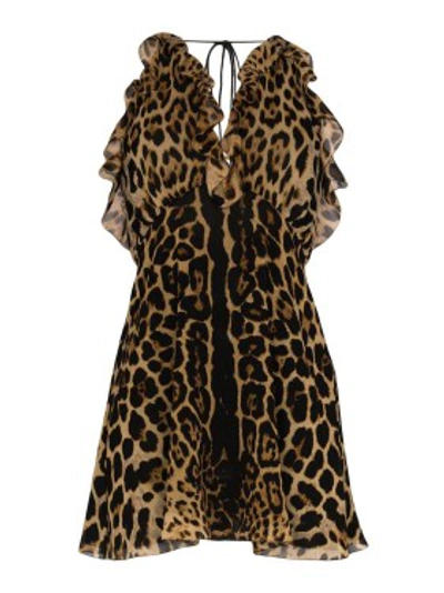Shop Saint Laurent Silk Leopard Print Mini Dress In Black