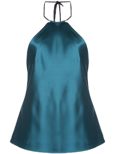 Shop Galvan Green Satin Halter Top In Blue