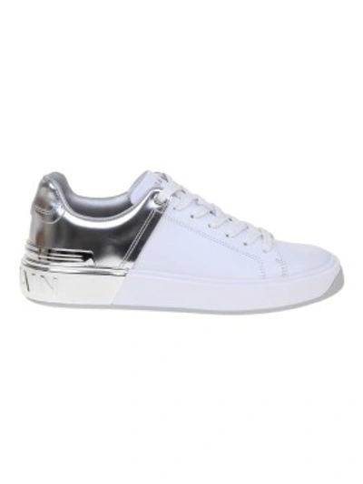 Shop Balmain B-court Sneakers In Leather White / Silver In Purple