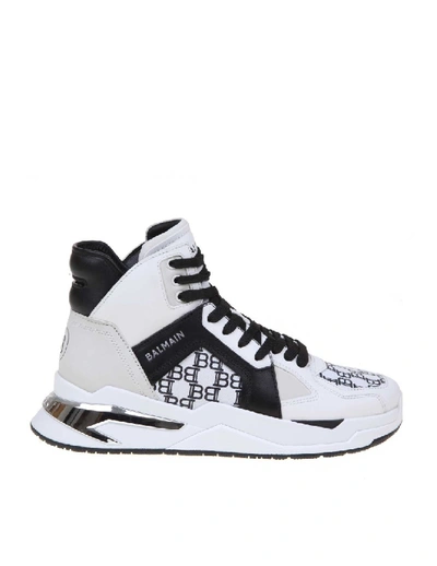 Shop Balmain B-ball Sneakers In White / Black Leather In Grey