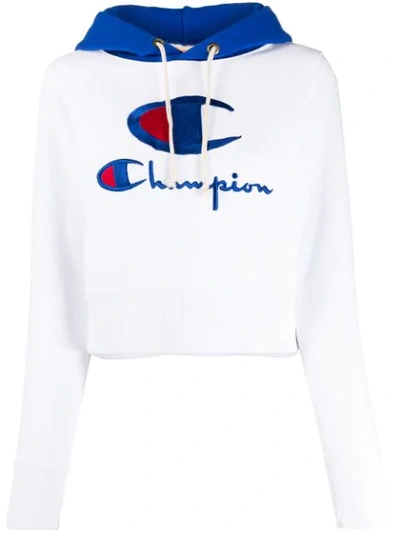 Shop Champion Embroidered Logo Cropped Hoodie In White