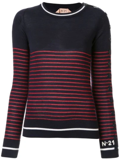 Shop N°21 Striped Buttoned Sleeve Sweater In Blue