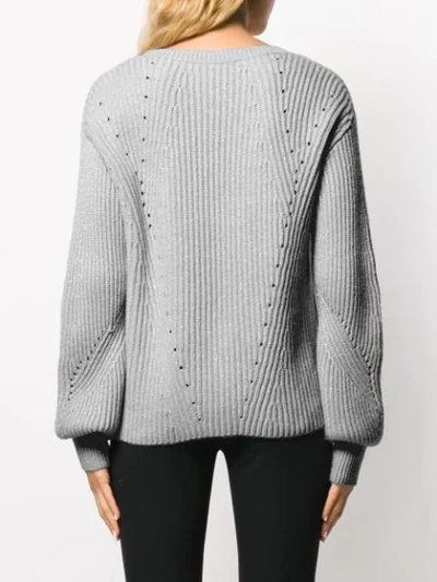 Shop Derek Lam 10 Crosby Ribbed Twilight Wool Cashmere V-neck Bell Sleeve Sweater In Blue