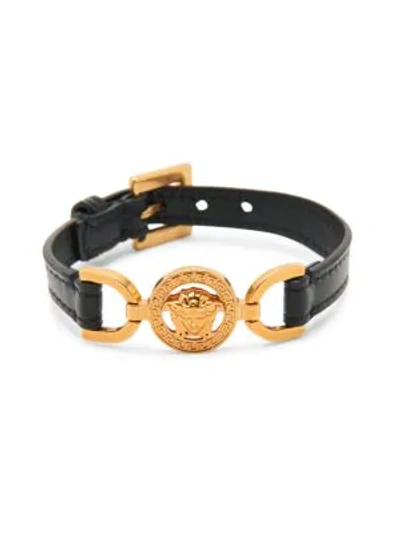 Shop Versace Women's Rodeo Queen V-western Medusa Leather Belt Bracelet In Yellow Goldtone