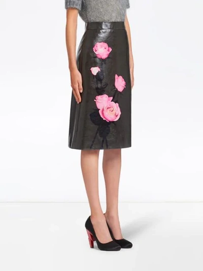 Shop Prada Rose Print A-line Midi Skirt In Black