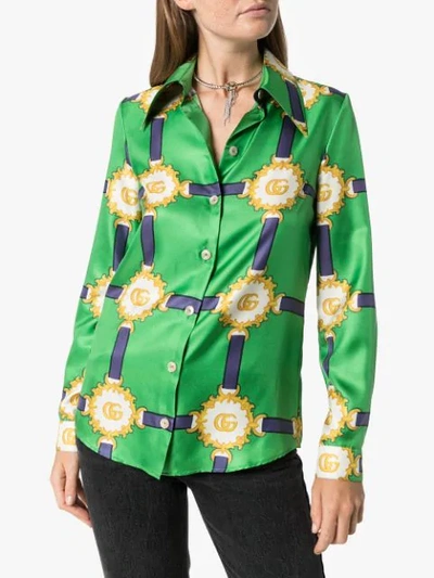 Shop Gucci Harness-print Silk Shirt In Green