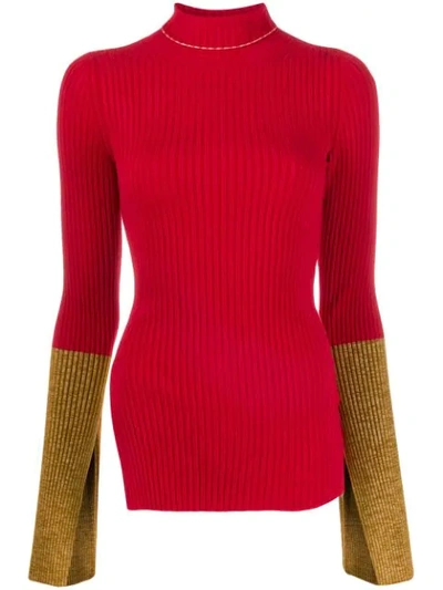Shop Moncler Ribbed Contrast Cuff Sweater In Red