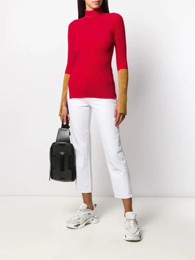 Shop Moncler Ribbed Contrast Cuff Sweater In Red