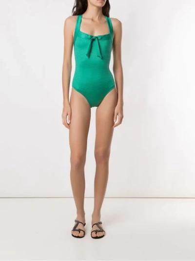 Shop Amir Slama Front Tie Detail Ribbed Swimsuit In Green