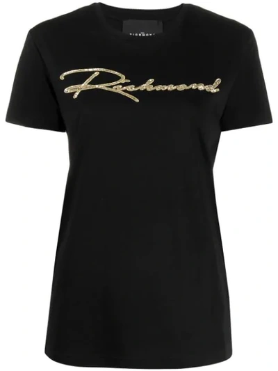 Shop John Richmond Crew Neck Sequin Logo T-shirt In Black