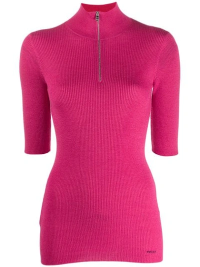 Shop Prada Half-zip Ribbed Top In Pink