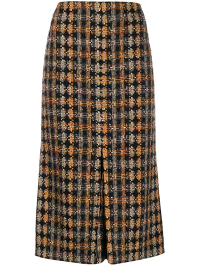 Shop Victoria Beckham Tweed Pleated Details Midi Skirt In Blue ,orange