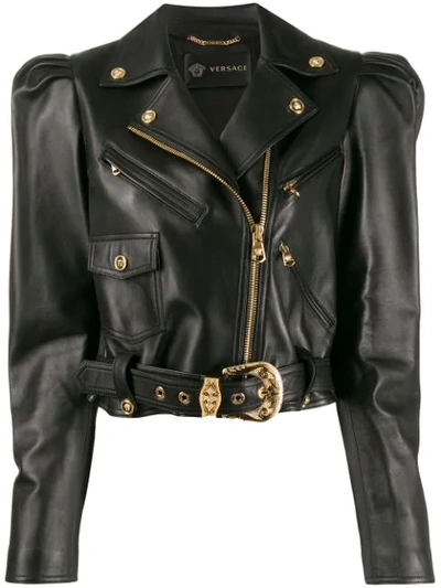 Shop Versace Cropped Biker Jacket In Black