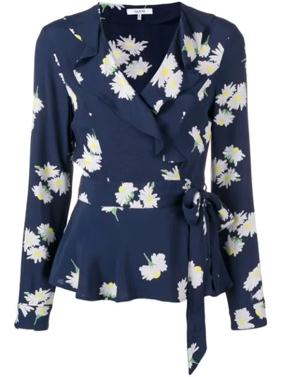 Shop Ganni Floral Ruffle Front Blouse - Blue