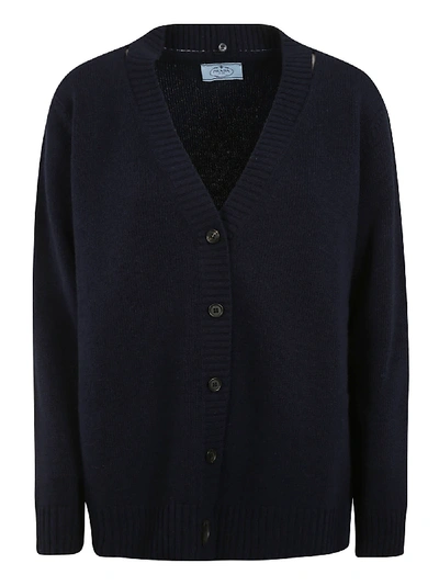 Shop Prada Ribbed Buttoned Cardigan In Blue