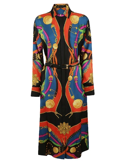 Shop Versace Long Belted Printed Dress In Multicolor