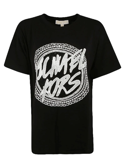 Shop Michael Kors Round Logo T-shirt In Black/silver