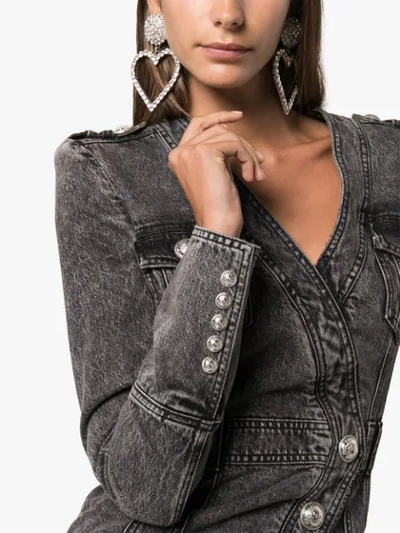 Shop Balmain Wrap Style Button-up Denim Dress In Black