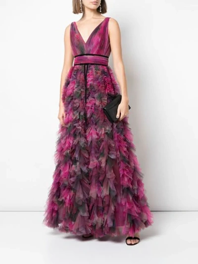 Shop Marchesa Notte V-neck Printed Texture Gown In Purple